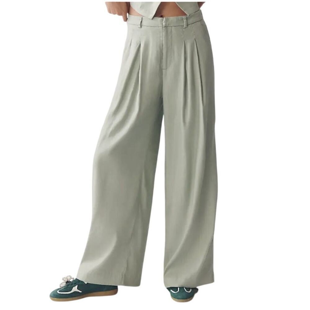 Anthropologie Maeve Pleated Wide-leg Trousers Sage Green Linen Blend size ST